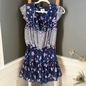 Misa Los Angeles Navy Floral Mini Dress with Purple Blossoms